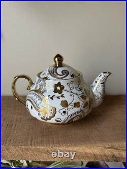 Teavana Fine Porcelain China Gold & White Floral Teapot With 4 Cups & Saucers