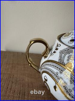 Teavana Fine Porcelain China Gold & White Floral Teapot With 4 Cups & Saucers