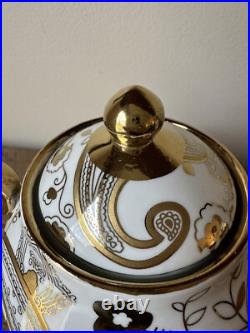 Teavana Fine Porcelain China Gold & White Floral Teapot With 4 Cups & Saucers