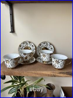 Teavana Fine Porcelain China Gold & White Floral Teapot With 4 Cups & Saucers