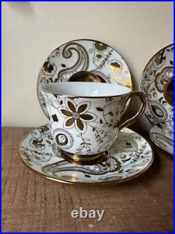 Teavana Fine Porcelain China Gold & White Floral Teapot With 4 Cups & Saucers