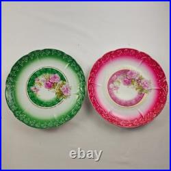 Three Crown China Germany Plates 8 Pink & Green Gold Trim Lot of 2, 1909-1916