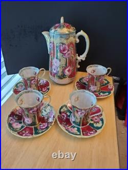 Translucent porcelain Chinese Gilded Rose Floral Teapot withlid & 4 Cups & Saucers