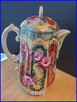 Translucent porcelain Chinese Gilded Rose Floral Teapot withlid & 4 Cups & Saucers