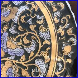 Two Antique Chinese Floral Plates Back Signed In Chinese, Black, Lavender & Gold