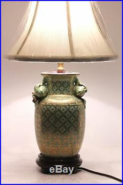 Unique Cute Porcelain Apple Green & Gold Accent Lamp18 K Gold Gilded 19