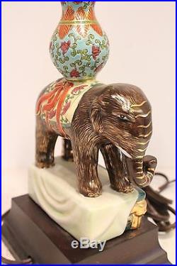 Unique Porcelain Elephant Figurine Gold Gild Candle Stick Holder Table Lamp