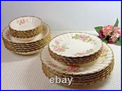 VINTAGE Limoges Wild Rose Floral 24 pc Plates & Bowls 2 Sizes Gold 22K USA
