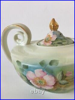 VINTAGE Sign 1954 TEAPOT Ceramic Porcelain China Hand Painted Flowers Gold Trim