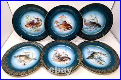 VTG Antique Imperial Crown China Blue Gold Trim Fish Plates Austria 6 Lot KP21