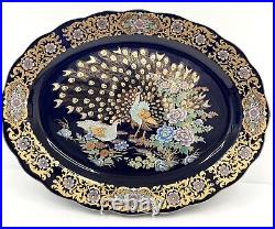 VTG Chinese Cobalt Blue & Gold Floral Peacock Porcelain Platter 18.5 x 14
