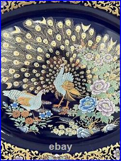 VTG Chinese Cobalt Blue & Gold Floral Peacock Porcelain Platter 18.5 x 14