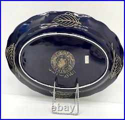 VTG Chinese Cobalt Blue & Gold Floral Peacock Porcelain Platter 18.5 x 14