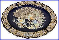 VTG Chinese Cobalt Blue & Gold Floral Peacock Porcelain Platter 18.5 x 14