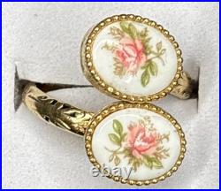 VTG Goldtone Sarah Coventry Porcelain Rose Sweet Briar Ring Rare Sz 7 Adjusting