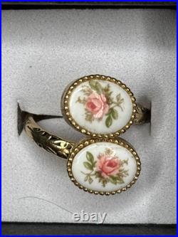 VTG Goldtone Sarah Coventry Porcelain Rose Sweet Briar Ring Rare Sz 7 Adjusting