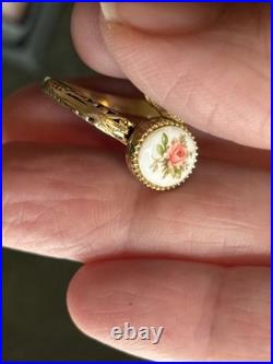 VTG Goldtone Sarah Coventry Porcelain Rose Sweet Briar Ring Rare Sz 7 Adjusting
