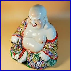 Very Large Old Chinese Porcelain Budai Buddha Statue Very Fine, Studio Marked
