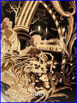 Vintage 18 Black Gold Chinoiserie Porcelain Vase Regency Classical Scene China