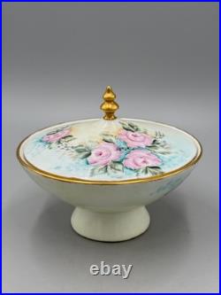 Vintage 1960 Hand-Painted Porcelain Covered Compote, Pink Roses Gilt, Signed