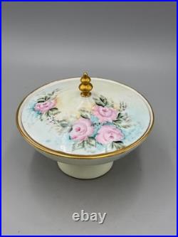 Vintage 1960 Hand-Painted Porcelain Covered Compote, Pink Roses Gilt, Signed