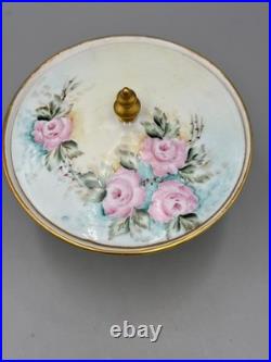 Vintage 1960 Hand-Painted Porcelain Covered Compote, Pink Roses Gilt, Signed