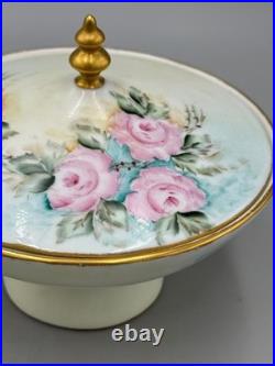 Vintage 1960 Hand-Painted Porcelain Covered Compote, Pink Roses Gilt, Signed