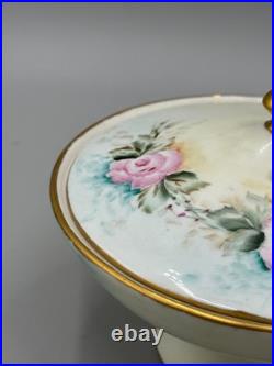 Vintage 1960 Hand-Painted Porcelain Covered Compote, Pink Roses Gilt, Signed