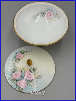 Vintage 1960 Hand-Painted Porcelain Covered Compote, Pink Roses Gilt, Signed