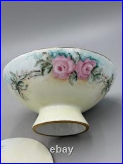 Vintage 1960 Hand-Painted Porcelain Covered Compote, Pink Roses Gilt, Signed