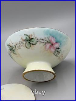 Vintage 1960 Hand-Painted Porcelain Covered Compote, Pink Roses Gilt, Signed