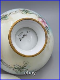 Vintage 1960 Hand-Painted Porcelain Covered Compote, Pink Roses Gilt, Signed