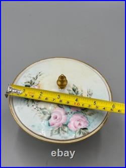 Vintage 1960 Hand-Painted Porcelain Covered Compote, Pink Roses Gilt, Signed