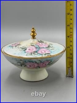 Vintage 1960 Hand-Painted Porcelain Covered Compote, Pink Roses Gilt, Signed