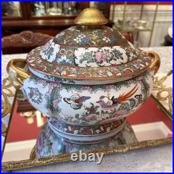Vintage 1970's Chinese Export Gold Chinoiserie Rose Canton Oval Tureen with Lid