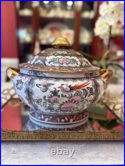 Vintage 1970's Chinese Export Gold Chinoiserie Rose Canton Oval Tureen with Lid