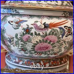 Vintage 1970's Chinese Export Gold Chinoiserie Rose Canton Oval Tureen with Lid