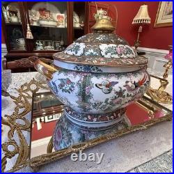 Vintage 1970's Chinese Export Gold Chinoiserie Rose Canton Oval Tureen with Lid