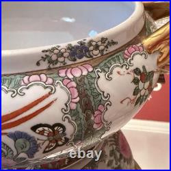 Vintage 1970's Chinese Export Gold Chinoiserie Rose Canton Oval Tureen with Lid