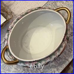 Vintage 1970's Chinese Export Gold Chinoiserie Rose Canton Oval Tureen with Lid