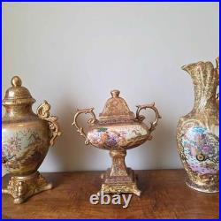 Vintage 3-Pc Chinese Satsuma Porcelain Set Gold Moriage