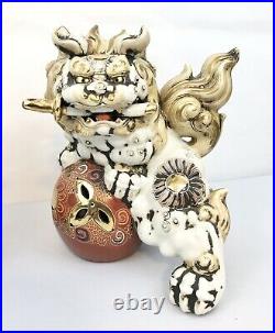 Vintage ASAHI Ceramic Porcelain White/Gold Foo Dog Guardian Lion Statue Set 2