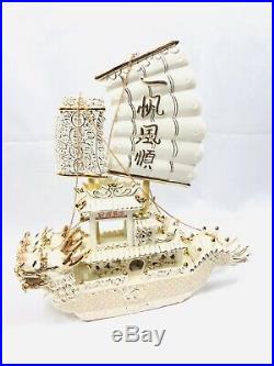 Vintage Antique Chinese Porcelain Dragon Sailboat Sculpture With Gold Chain
