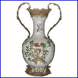 Vintage Art Nouveau Porcelain Hand Painted Parrot Vase with Gilded Bronze Handles