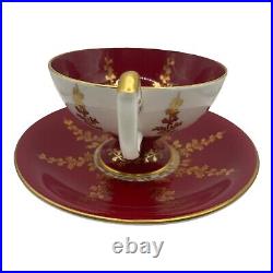 Vintage Aynsley Ruby Red Gold Gild Leaves Pedestal Tea Cup and Saucer England