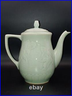 Vintage China Longquan Celadon Porcelain Relief Gold Fish Teapot