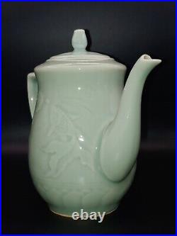 Vintage China Longquan Celadon Porcelain Relief Gold Fish Teapot