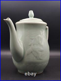 Vintage China Longquan Celadon Porcelain Relief Gold Fish Teapot