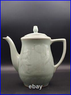 Vintage China Longquan Celadon Porcelain Relief Gold Fish Teapot