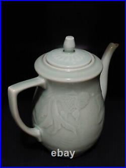 Vintage China Longquan Celadon Porcelain Relief Gold Fish Teapot